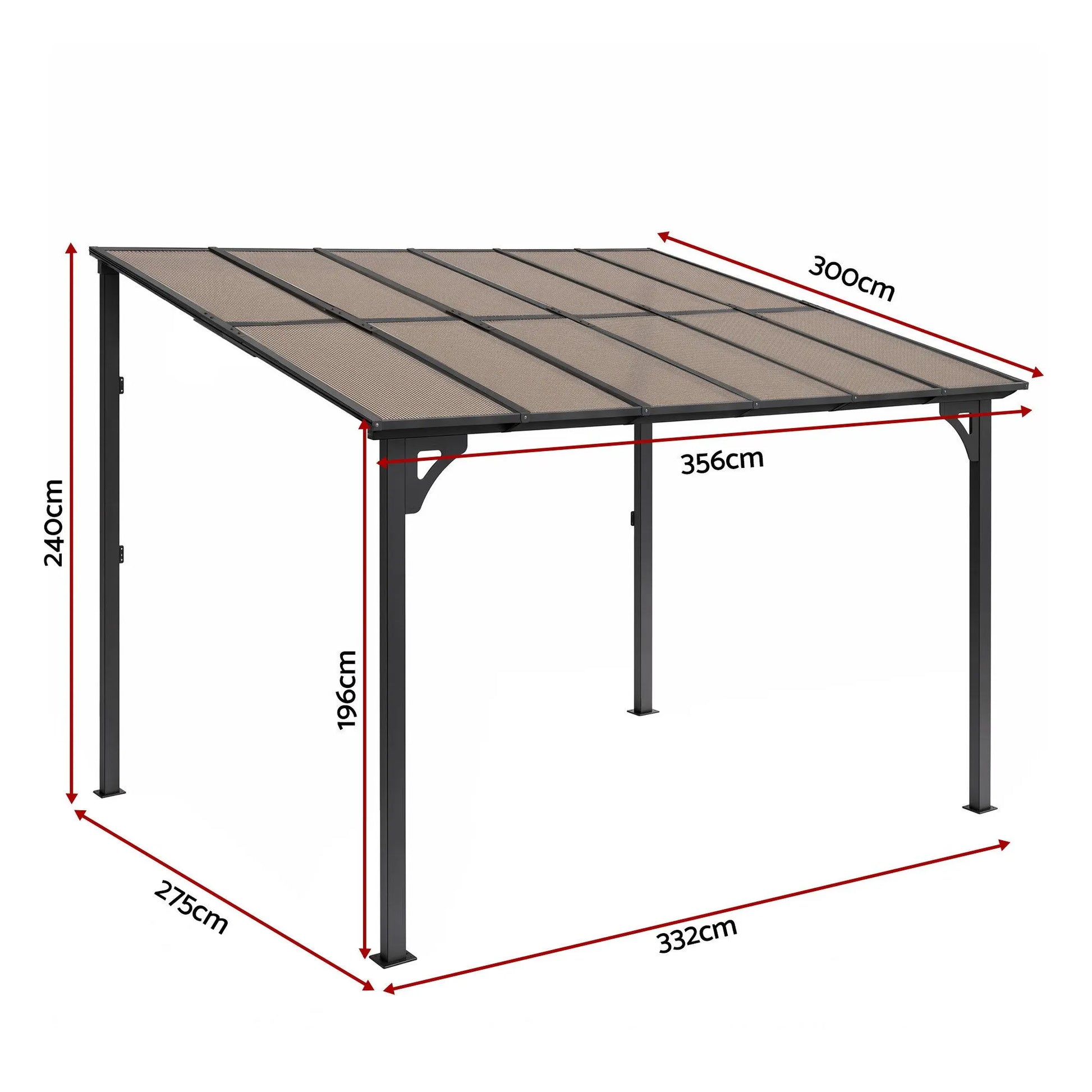 Instahut Gazebo Lean-To Pergola Garden Patio Polycarbonate 356cm X 275cm Brown - Image 2