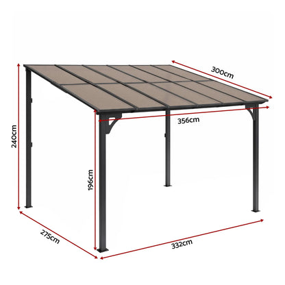 Instahut Gazebo Lean-To Pergola Garden Patio Polycarbonate 356cm X 275cm Brown - Image 2