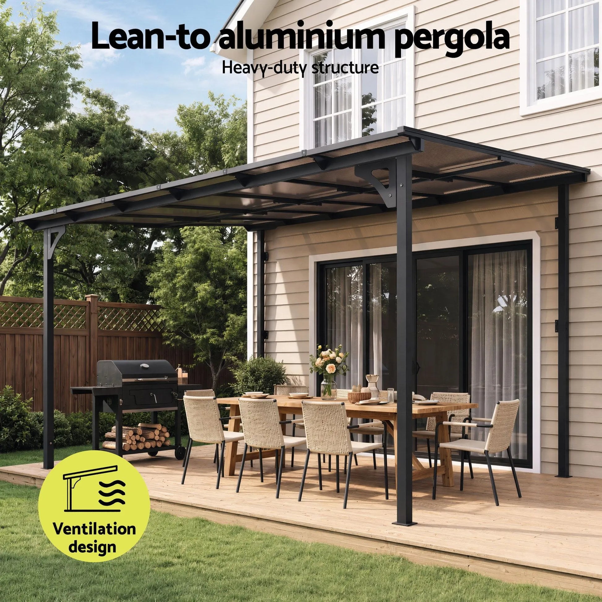 Instahut Gazebo Lean-To Pergola Garden Patio Polycarbonate 356cm X 275cm Brown - Image 4
