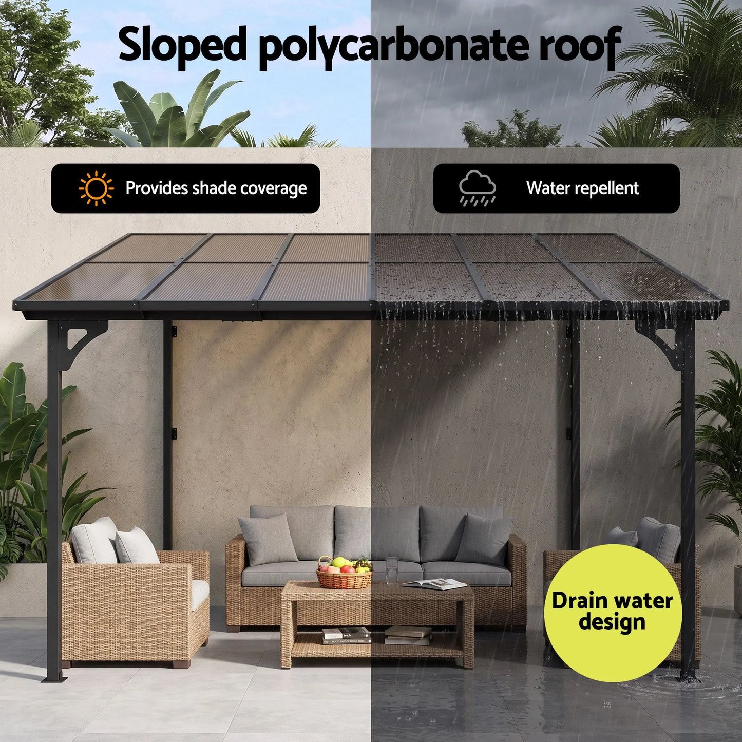 Instahut Gazebo Lean-To Pergola Garden Patio Polycarbonate 356cm X 275cm Brown - Image 5