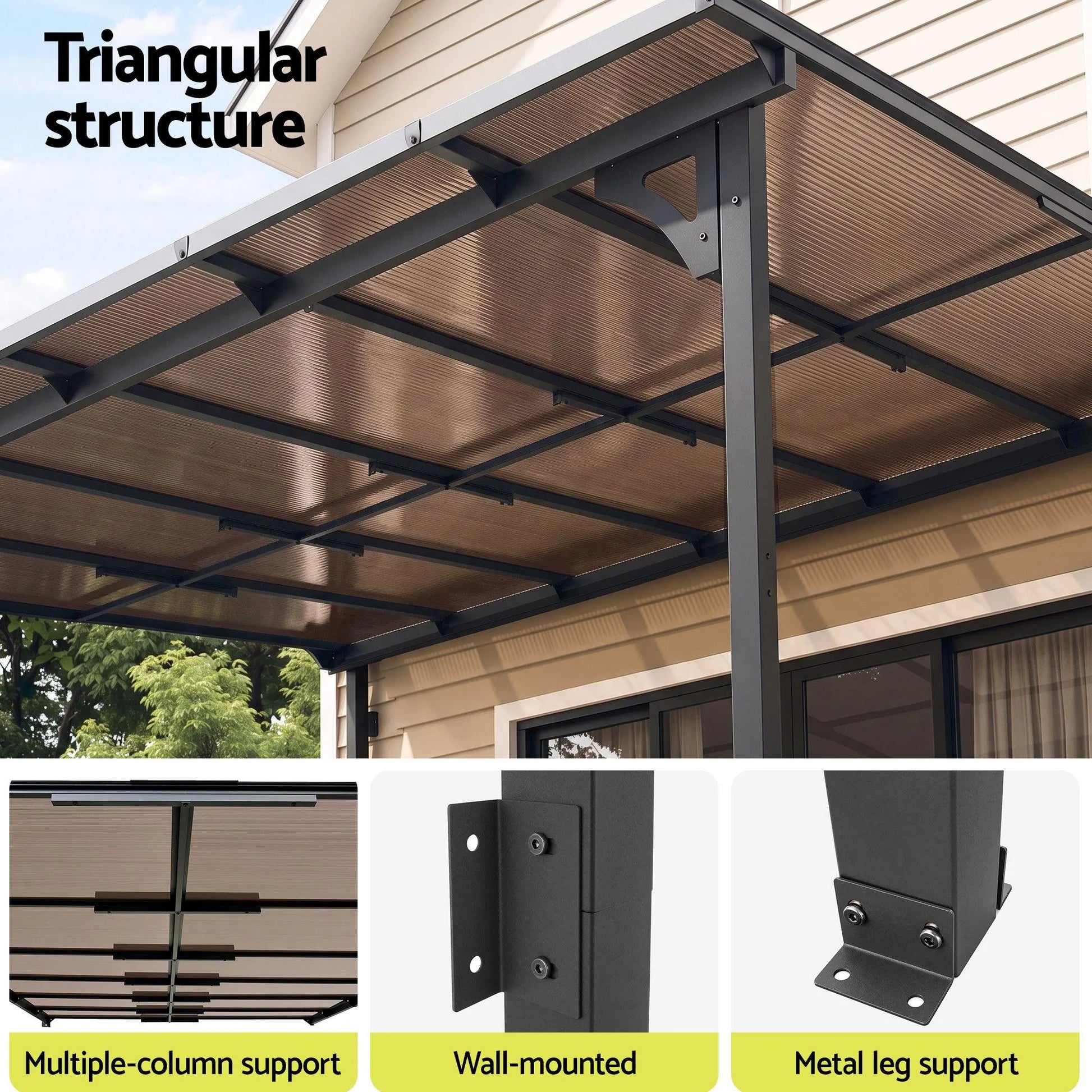 Instahut Gazebo Lean-To Pergola Garden Patio Polycarbonate 356cm X 275cm Brown - Image 6
