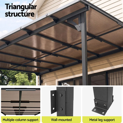 Instahut Gazebo Lean-To Pergola Garden Patio Polycarbonate 356cm X 275cm Brown - Image 6