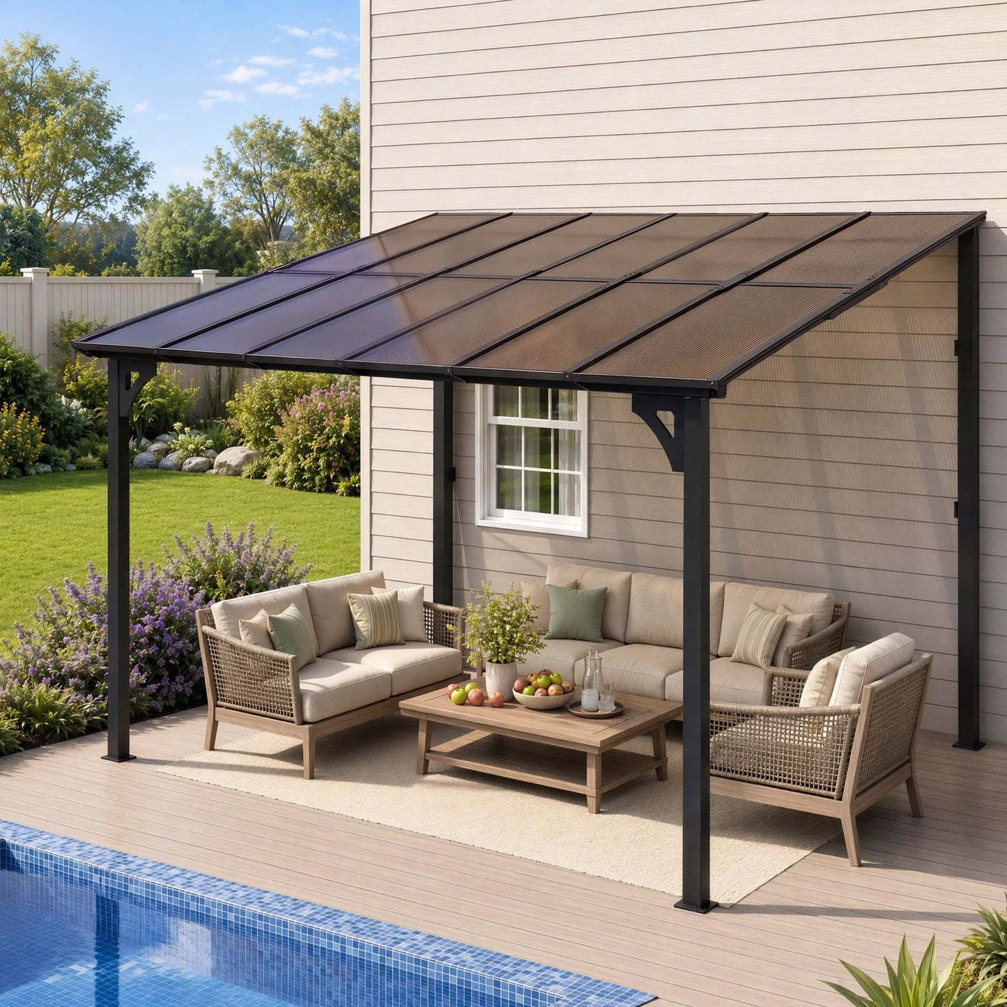 Instahut Gazebo Lean-To Pergola Garden Patio Polycarbonate 356cm X 275cm Brown - Image 8