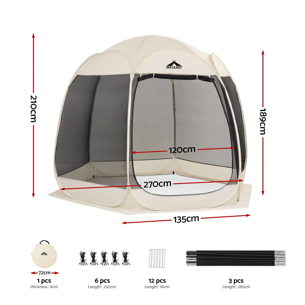 Instahut Gazebo Pop Up Tent 2.7x1.35m Outdoor Marquee Camping Screen 6 Sided - Image 3