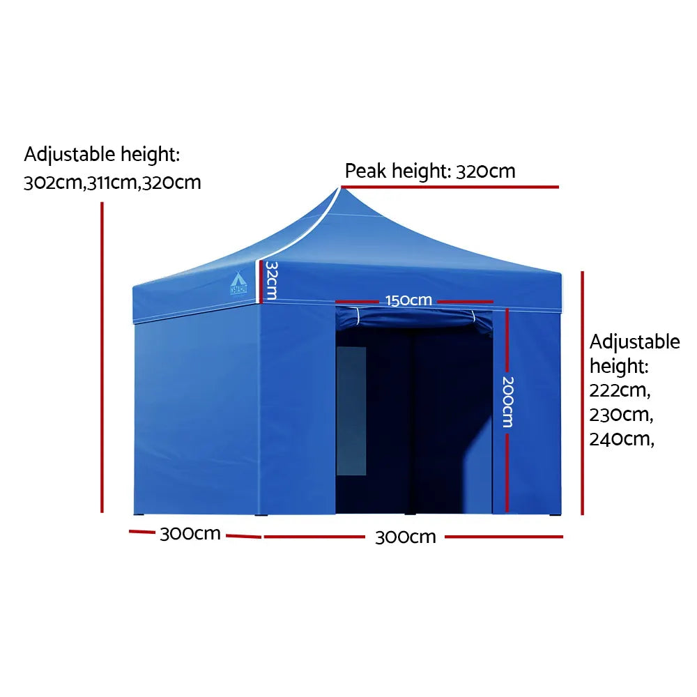 Instahut Gazebo Pop Up Marquee 3x3 Folding Tent Wedding Gazebos 500D Oxford Blue - Image 2