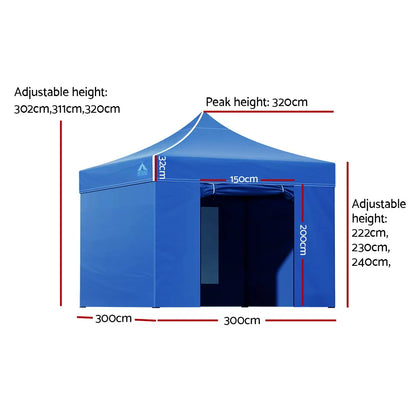 Instahut Gazebo Pop Up Marquee 3x3 Folding Tent Wedding Gazebos 500D Oxford Blue - Image 2