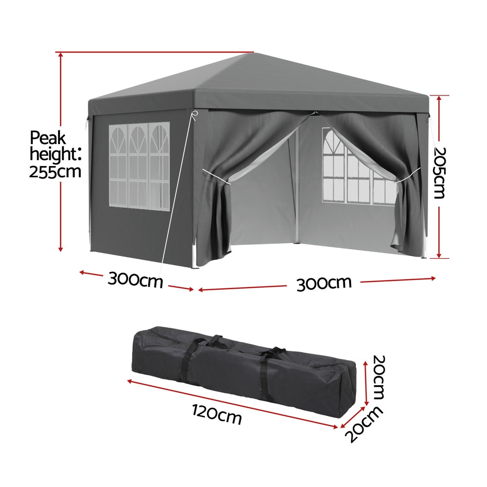 Instahut Gazebo 3x3 Pop Up Marquee Folding Tent Wedding Gazebos Camping Outdoor Shade Canopy Gray - Image 2