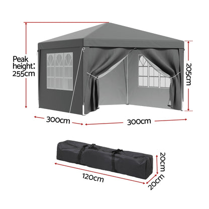 Instahut Gazebo 3x3 Pop Up Marquee Folding Tent Wedding Gazebos Camping Outdoor Shade Canopy Gray - Image 2