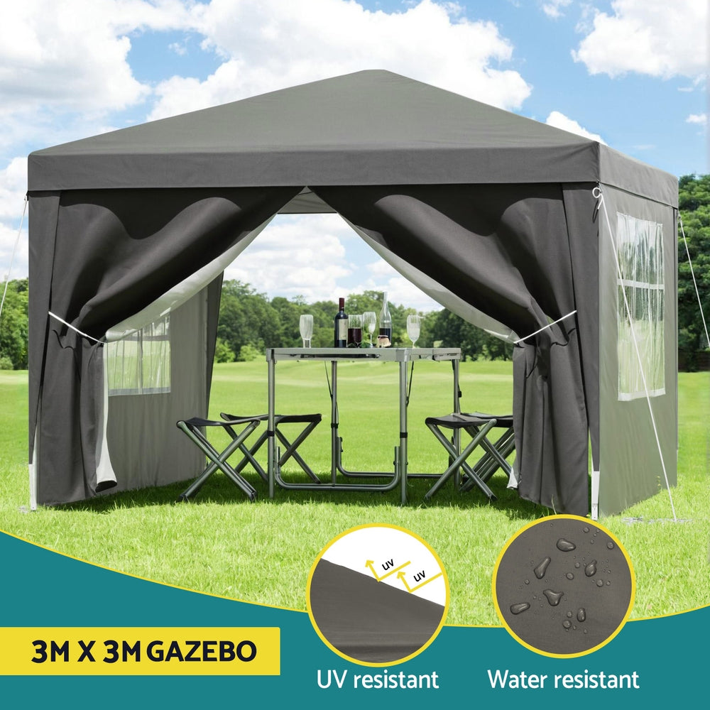 Instahut Gazebo 3x3 Pop Up Marquee Folding Tent Wedding Gazebos Camping Outdoor Shade Canopy Gray - Image 4