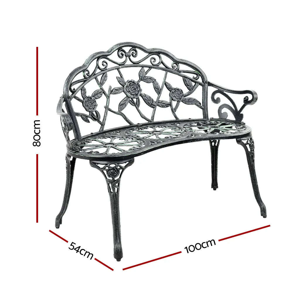 Gardeon Outdoor Garden Bench Seat 100cm Cast Aluminium Patio Chair Vintage Green - Image 2