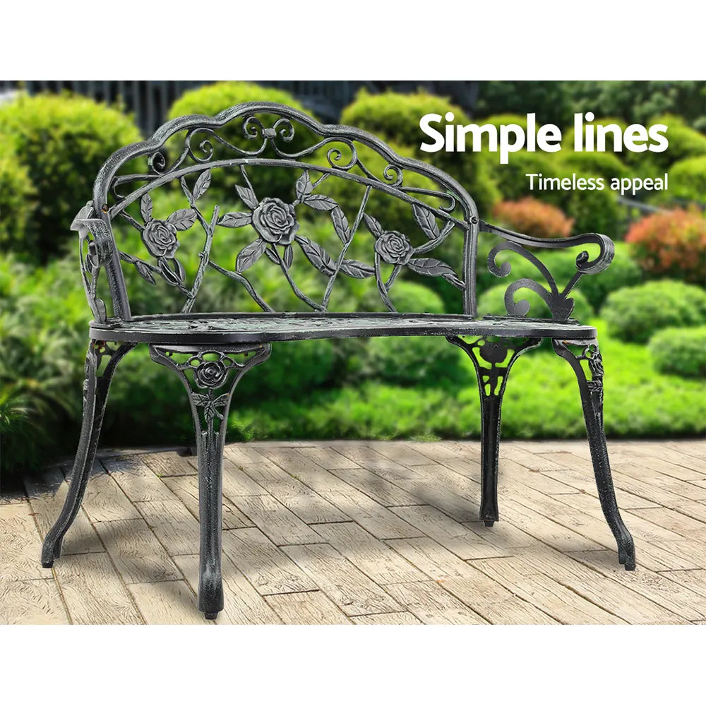 Gardeon Outdoor Garden Bench Seat 100cm Cast Aluminium Patio Chair Vintage Green - Image 4
