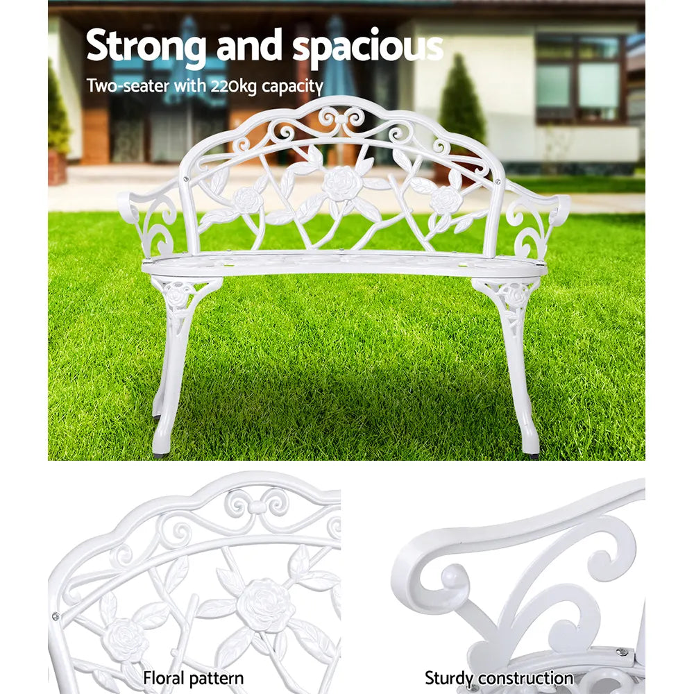 Gardeon Outdoor Garden Bench Seat 100cm Cast Aluminium Outdoor Patio Chair Vintage White - Image 5