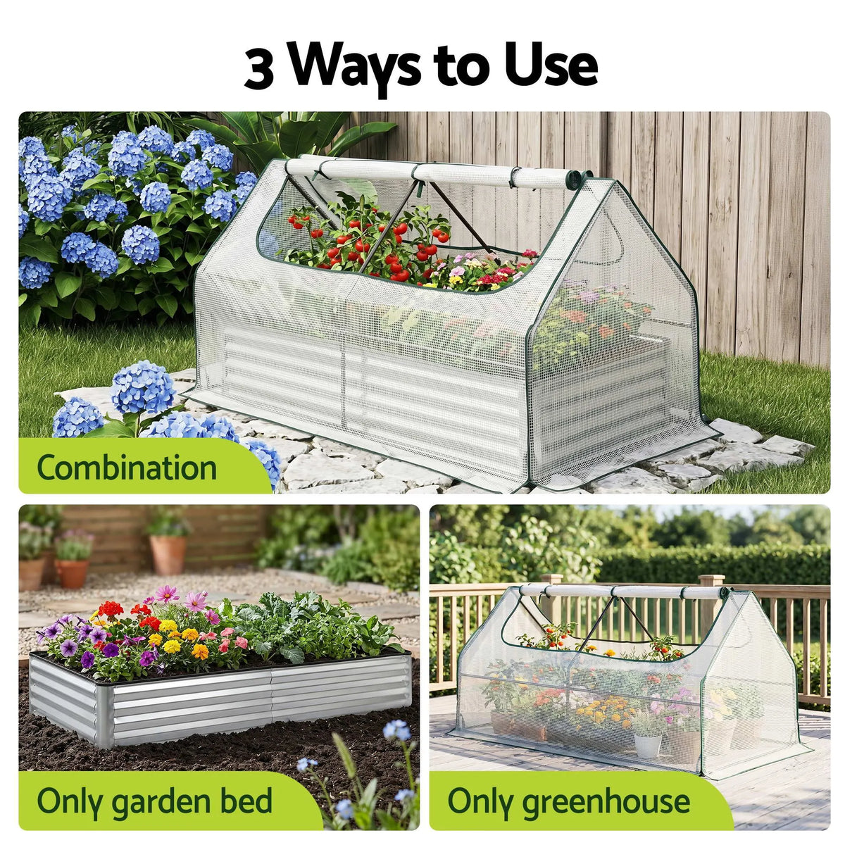 Green Fingers 3 in 1 Raised Garden Bed with Greenhouse Galvanised Planter Box Kit - Image 9