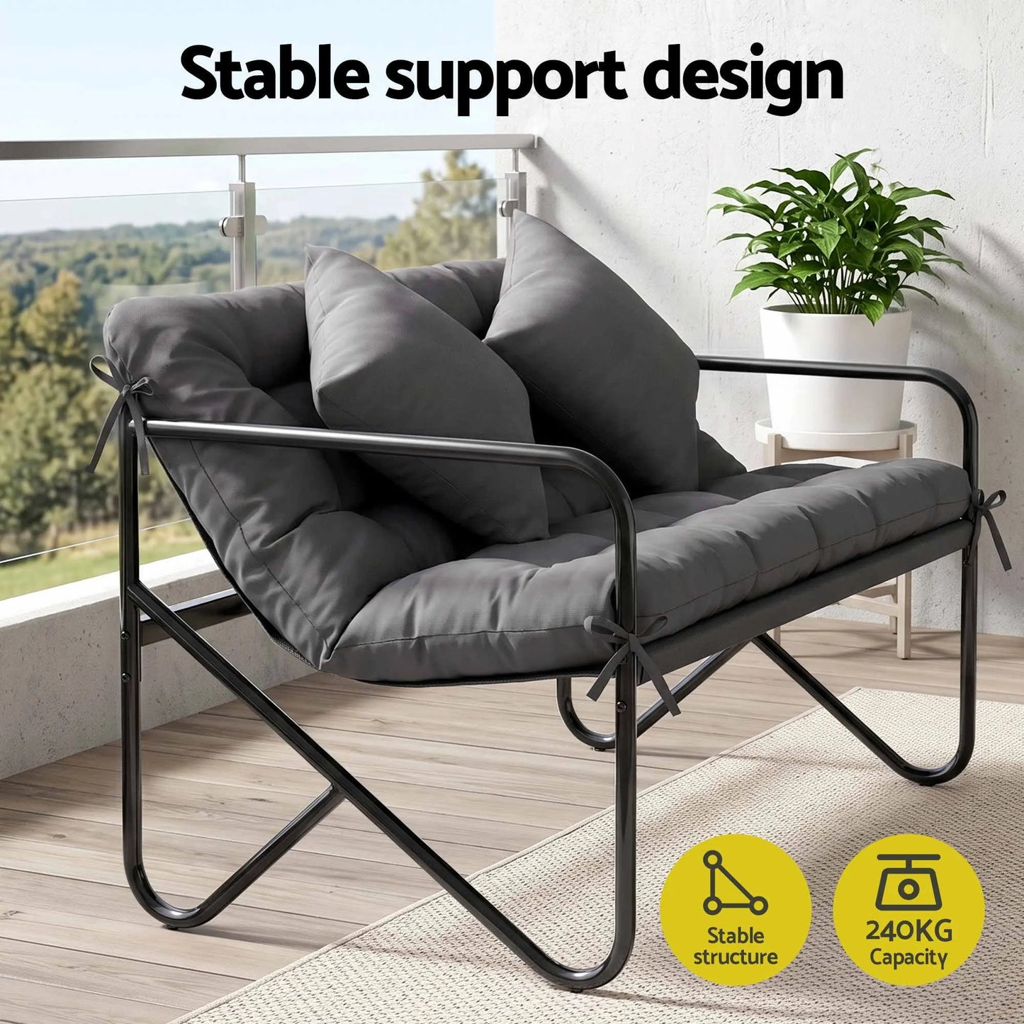 Gardeon Garden Bench 2 Seater Outdoor Bench Metal with Cushion 118cm Black - Image 5
