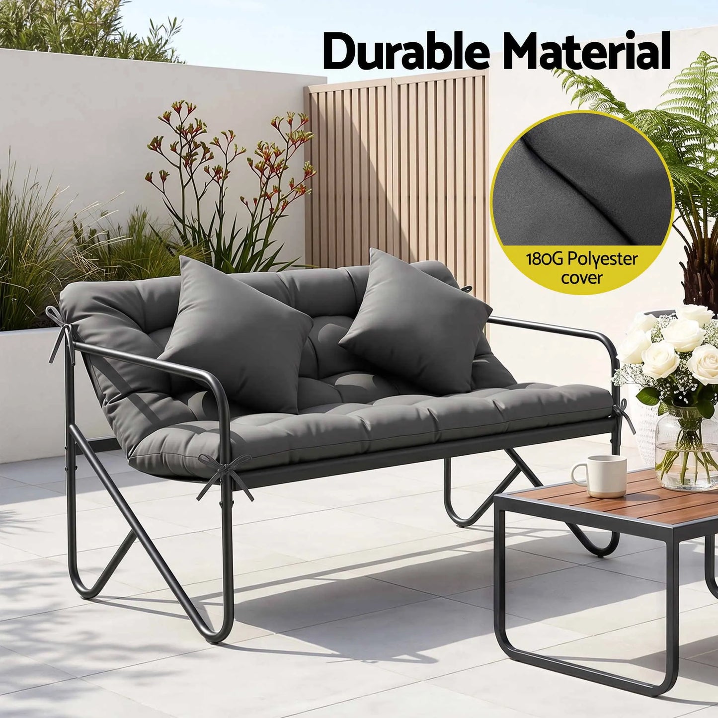 Gardeon Garden Bench 2 Seater Outdoor Bench Metal with Cushion 118cm Black - Image 6