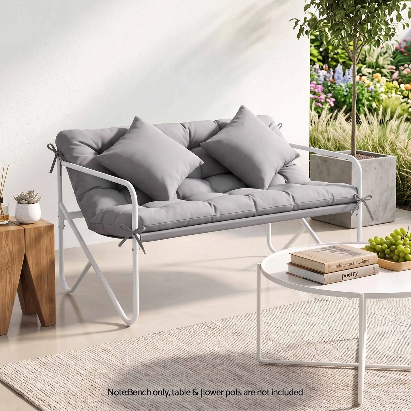 Gardeon Garden Bench 2 Seater Outdoor Bench Metal with Cushion 118cm Grey  - Image 4