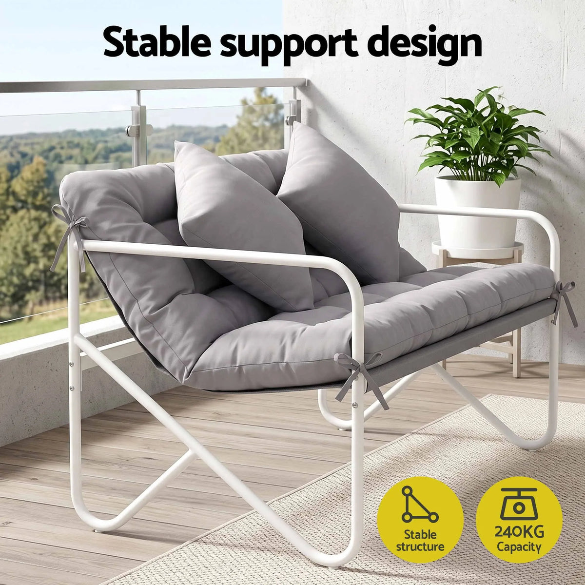 Gardeon Garden Bench 2 Seater Outdoor Bench Metal with Cushion 118cm Grey  - Image 5