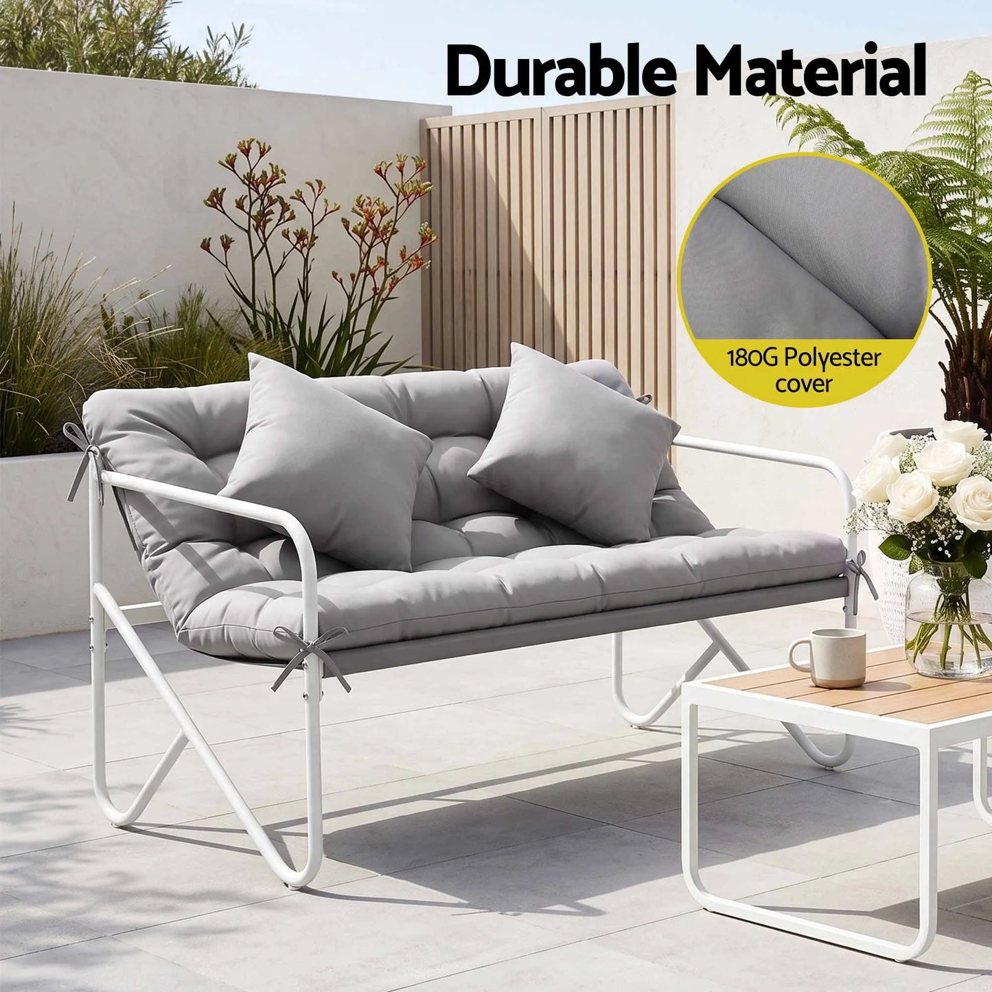 Gardeon Garden Bench 2 Seater Outdoor Bench Metal with Cushion 118cm Grey  - Image 6