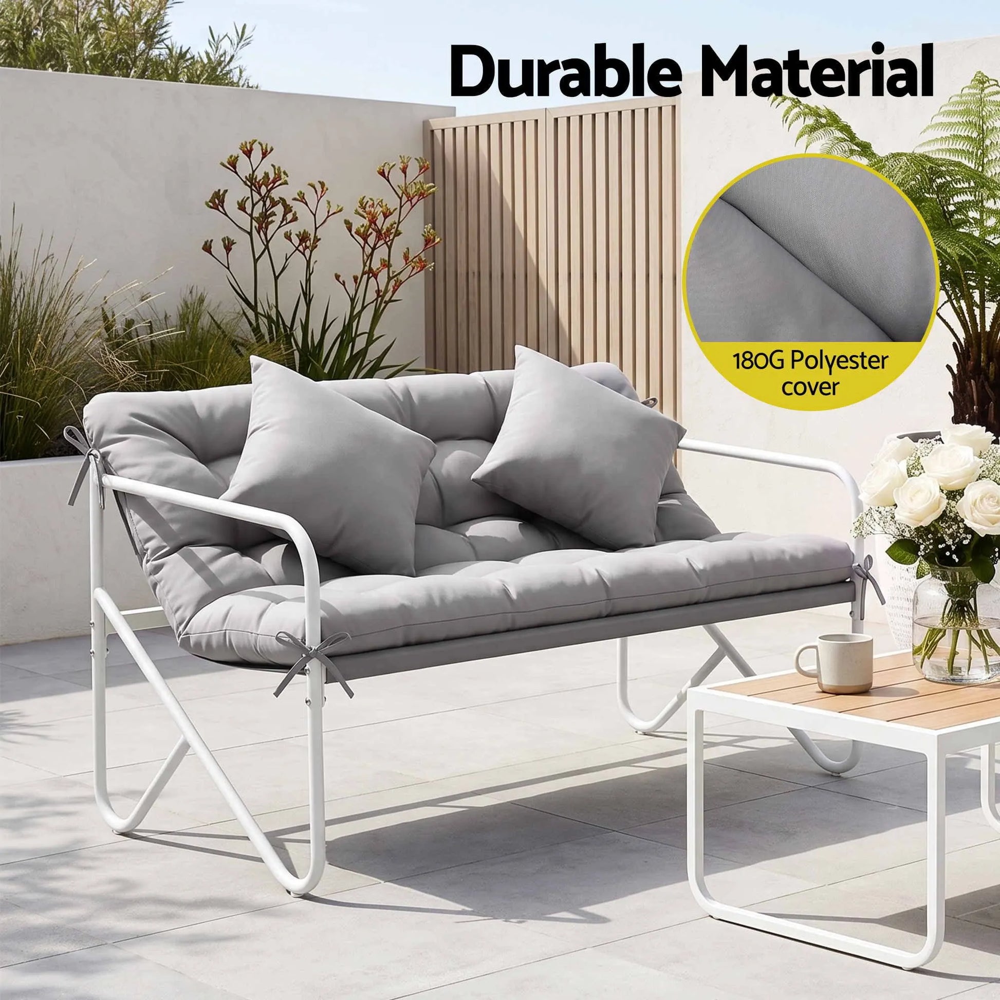 Gardeon Garden Bench 2 Seater Outdoor Bench Metal with Cushion 118cm Grey  - Image 6