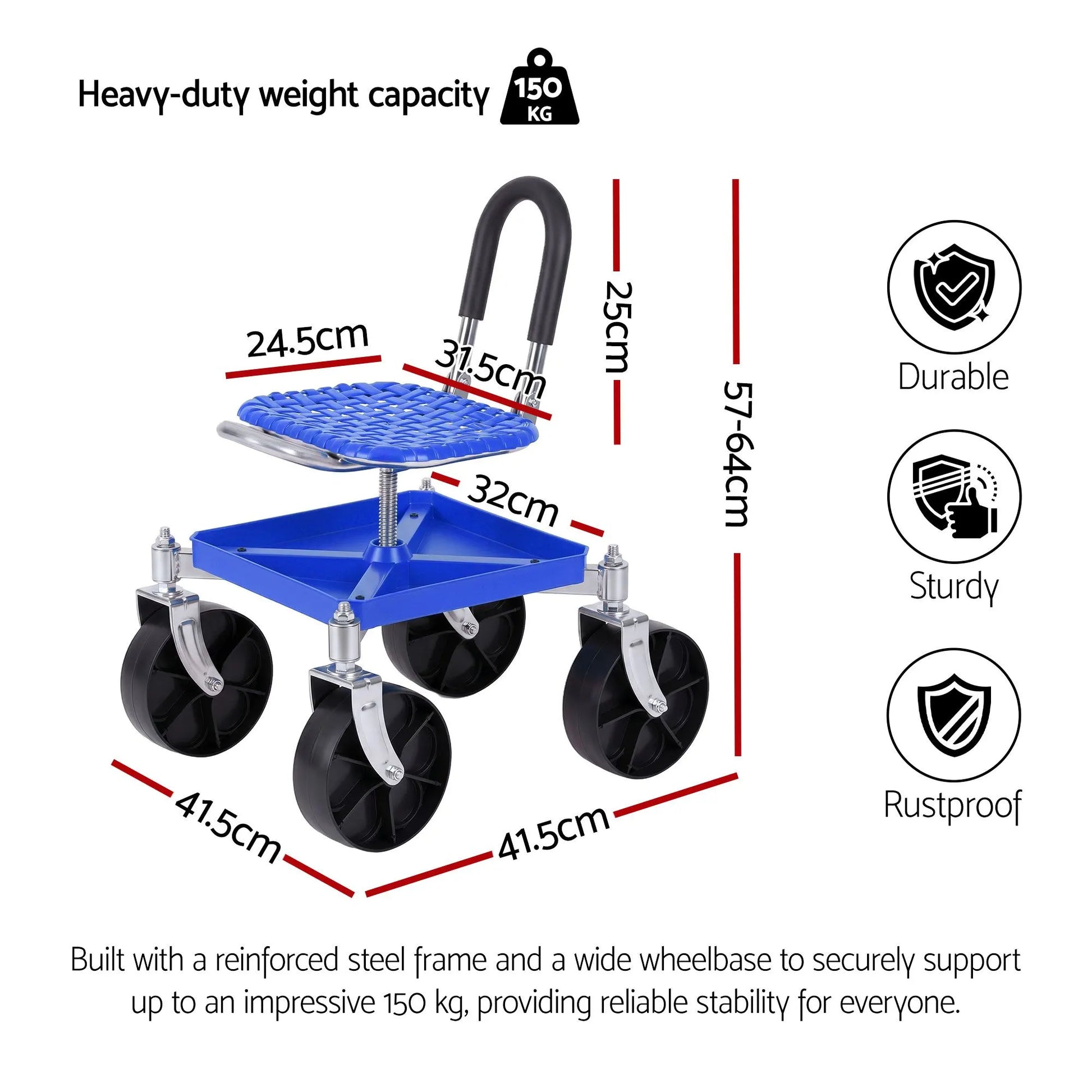 Gardeon Garden Cart Seat Rolling Stool 360 Swivel Height Adjustable Heavy Duty Blue - Image 2