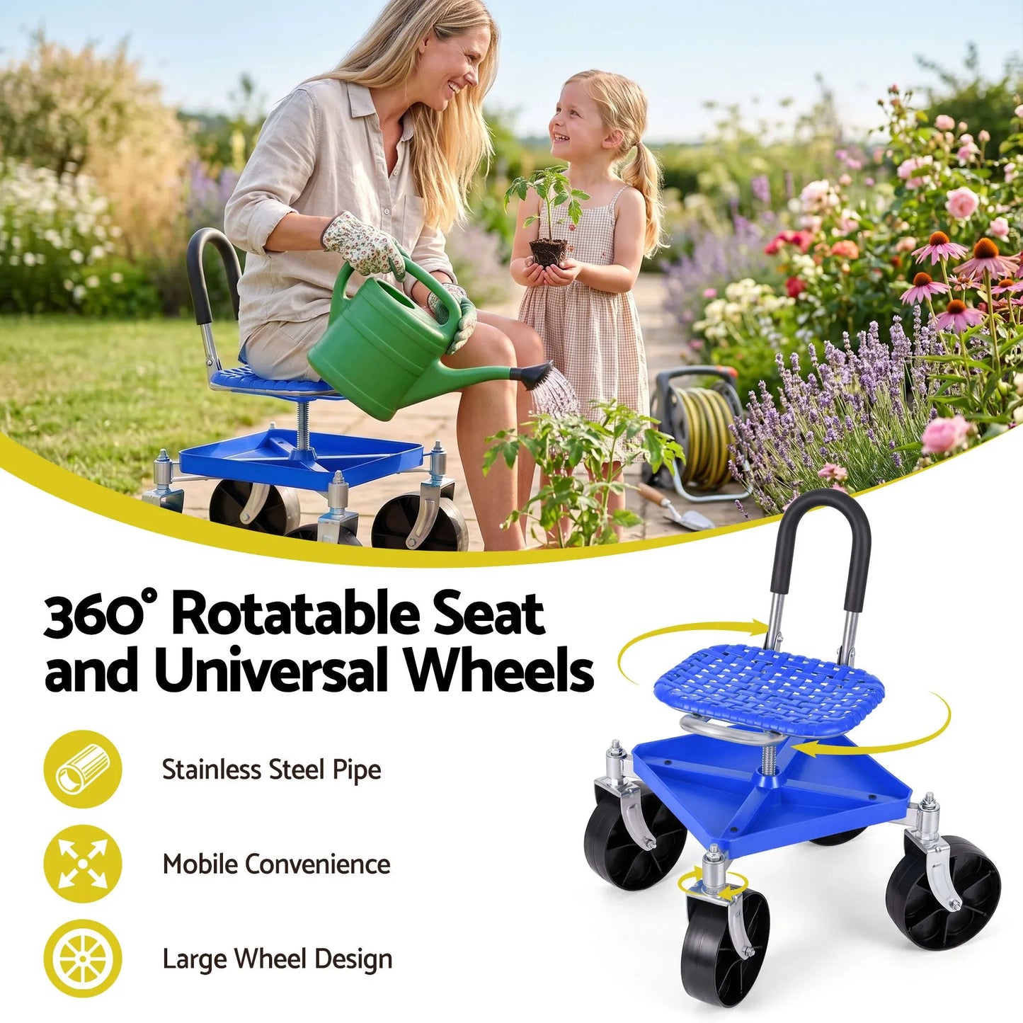 Gardeon Garden Cart Seat Rolling Stool 360 Swivel Height Adjustable Heavy Duty Blue - Image 4