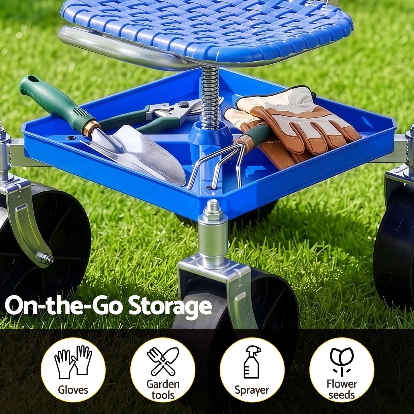 Gardeon Garden Cart Seat Rolling Stool 360 Swivel Height Adjustable Heavy Duty Blue - Image 6