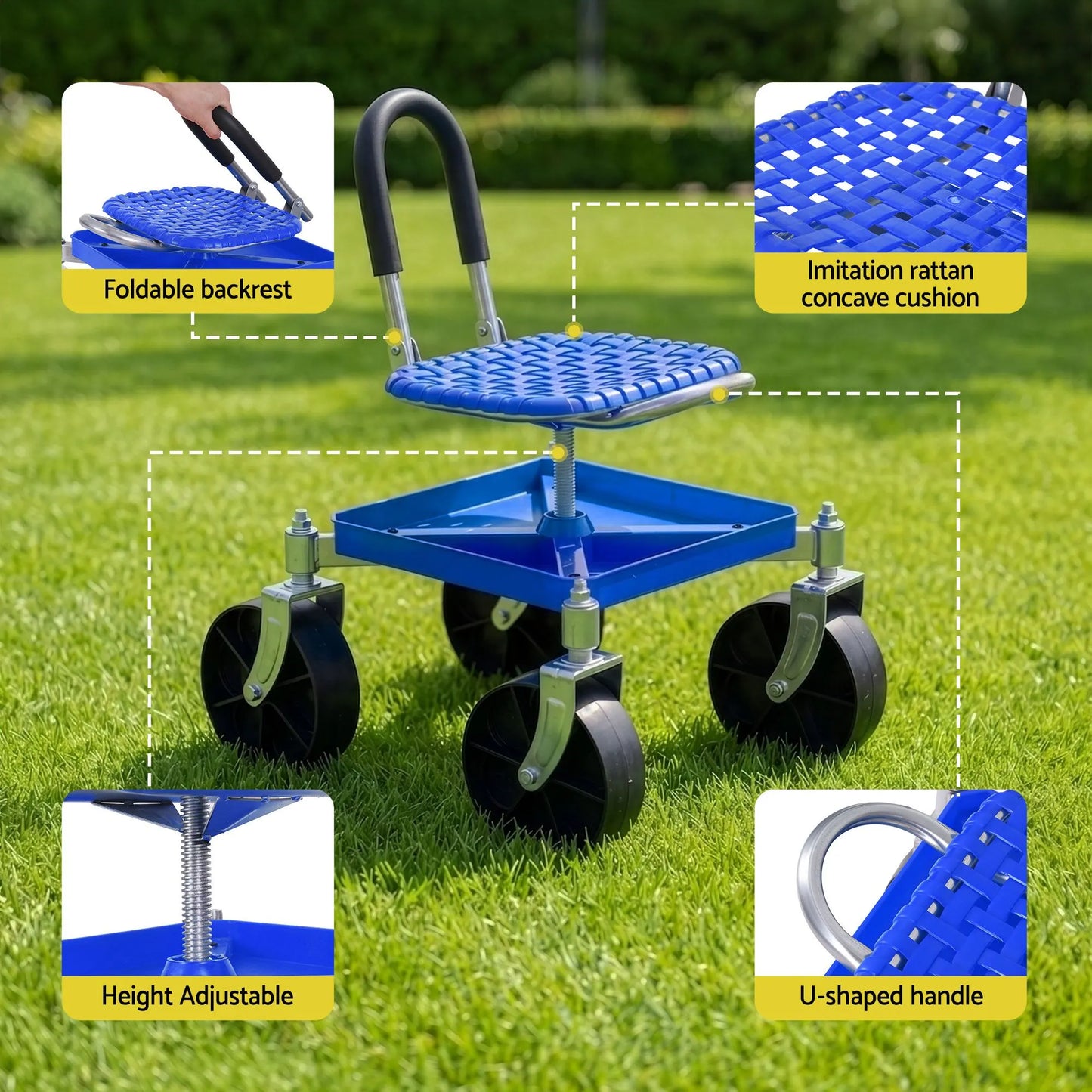 Gardeon Garden Cart Seat Rolling Stool 360 Swivel Height Adjustable Heavy Duty Blue - Image 7