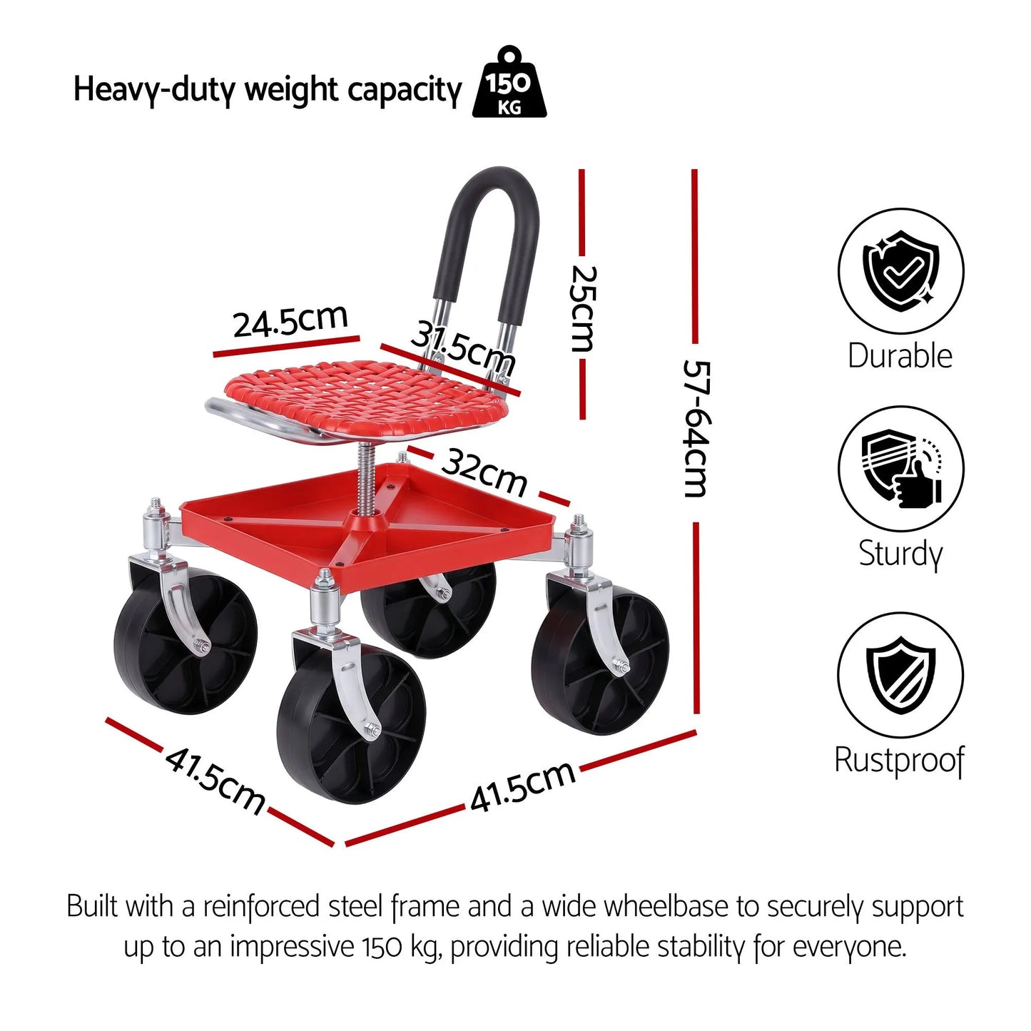 Gardeon Garden Cart Seat Rolling Stool 360 Swivel Height Adjustable Heavy Duty Red - Image 2