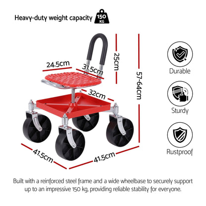 Gardeon Garden Cart Seat Rolling Stool 360 Swivel Height Adjustable Heavy Duty Red - Image 2