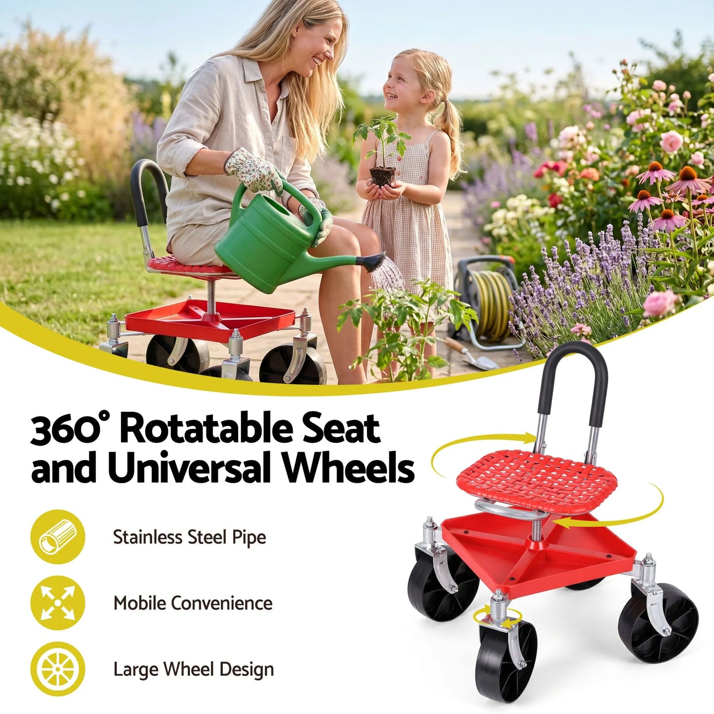 Gardeon Garden Cart Seat Rolling Stool 360 Swivel Height Adjustable Heavy Duty Red - Image 4