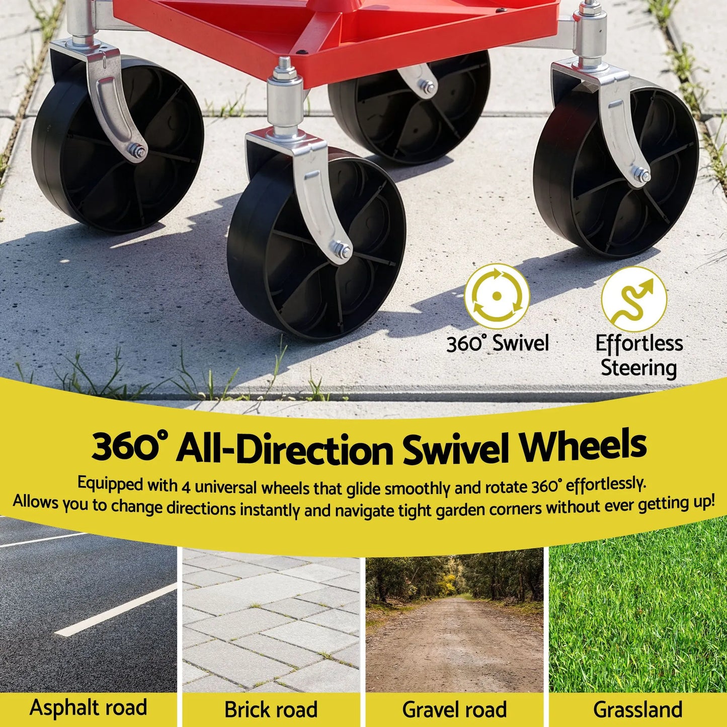 Gardeon Garden Cart Seat Rolling Stool 360 Swivel Height Adjustable Heavy Duty Red - Image 5