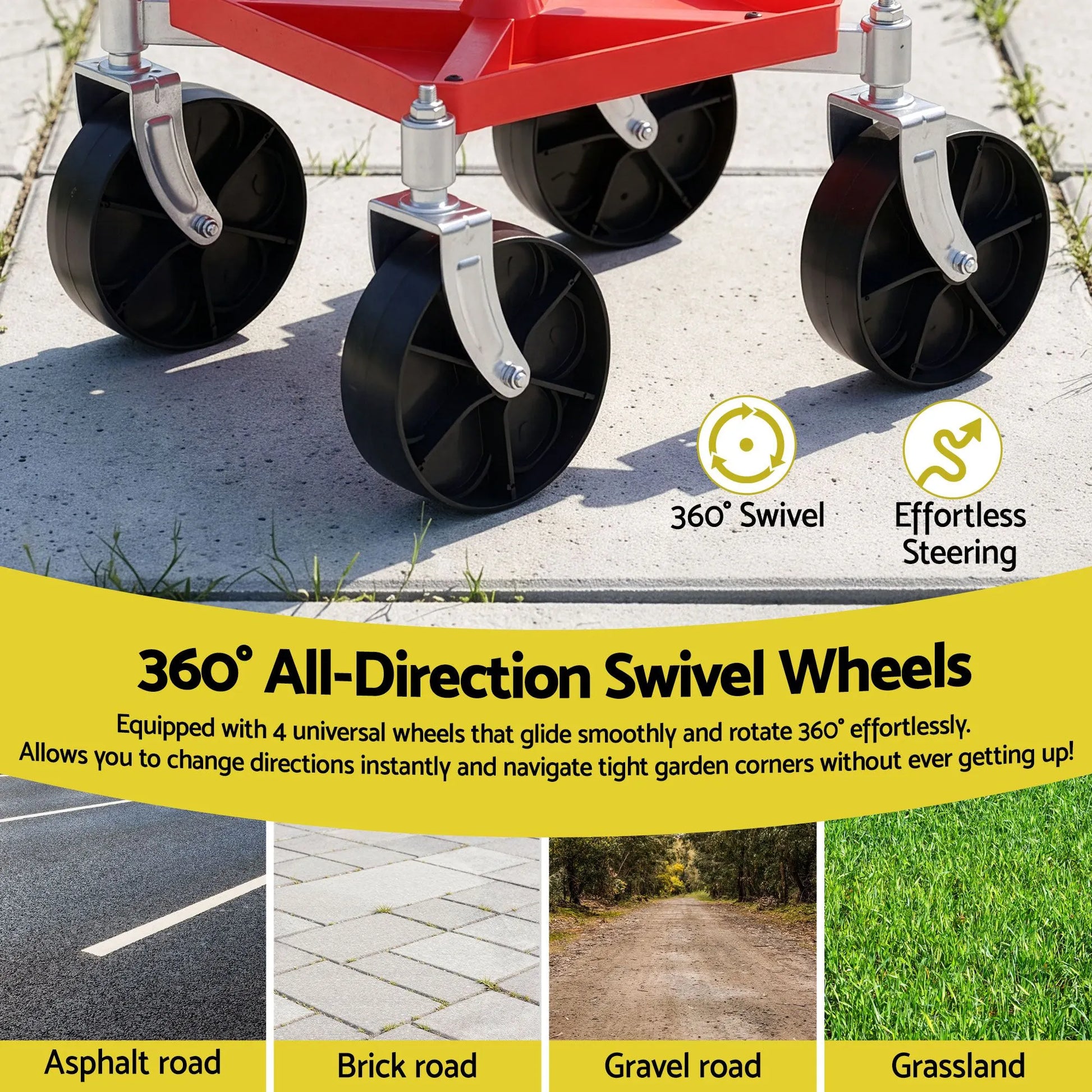 Gardeon Garden Cart Seat Rolling Stool 360 Swivel Height Adjustable Heavy Duty Red - Image 5