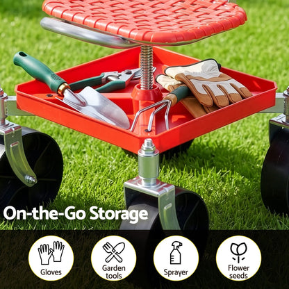 Gardeon Garden Cart Seat Rolling Stool 360 Swivel Height Adjustable Heavy Duty Red - Image 6