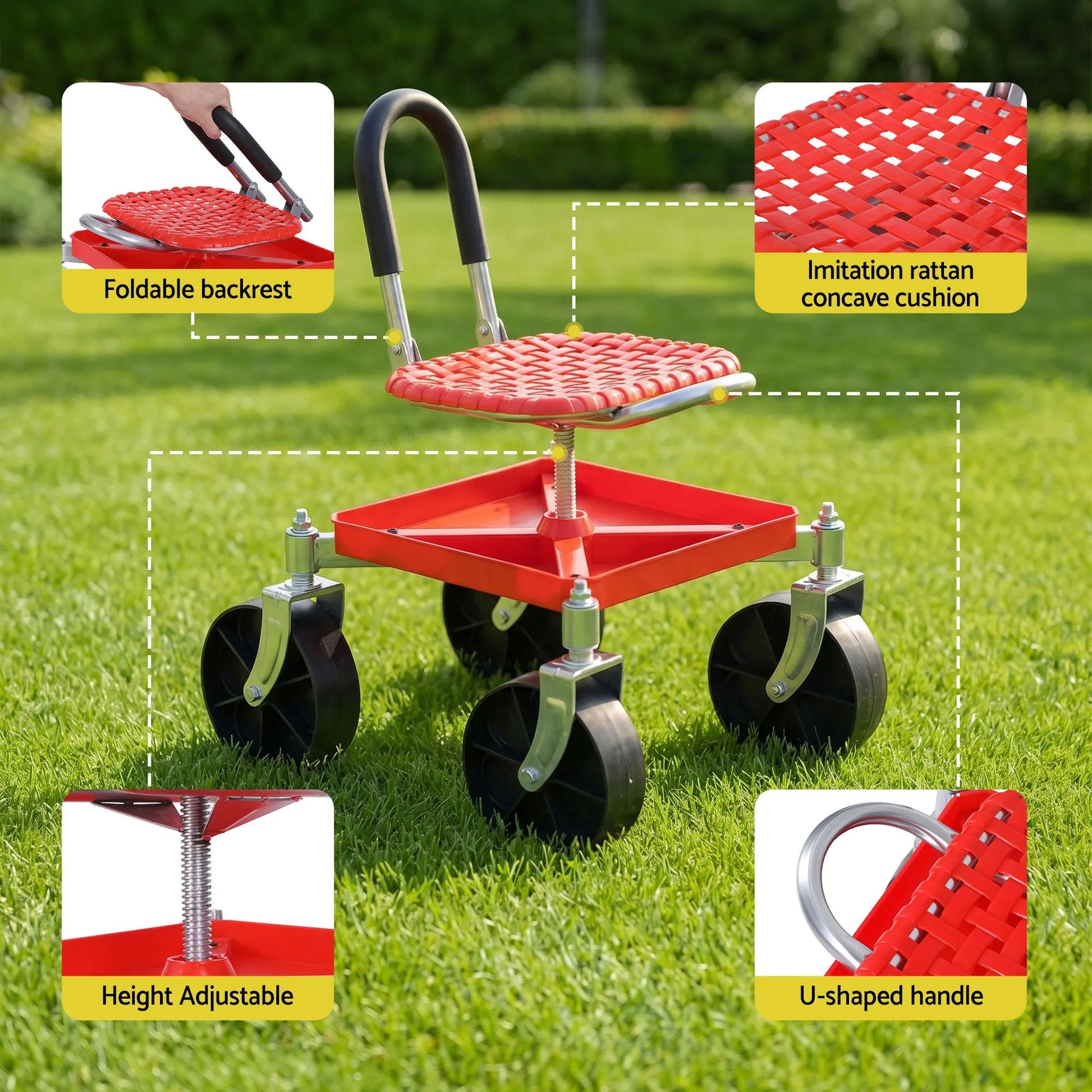 Gardeon Garden Cart Seat Rolling Stool 360 Swivel Height Adjustable Heavy Duty Red - Image 7