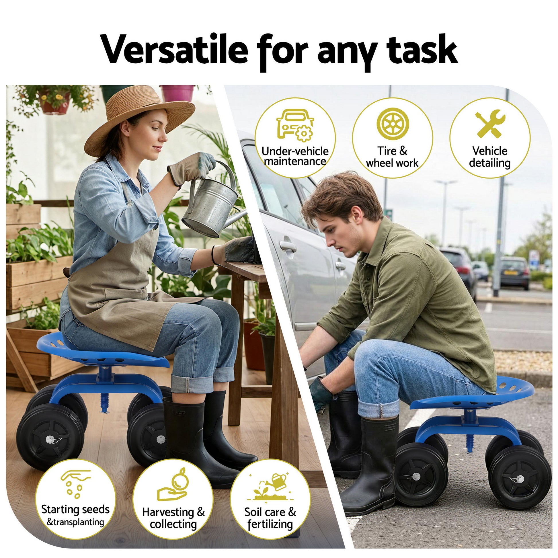 Gardeon Garden Seat 360 Swivel Rolling Adjustable Height Work Scooter Cart Wheels Heavy Duty 150kg - Image 4