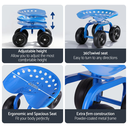 Gardeon Garden Seat 360 Swivel Rolling Adjustable Height Work Scooter Cart Wheels Heavy Duty 150kg - Image 5