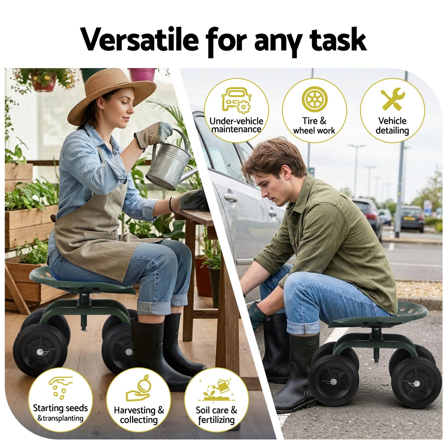 Gardeon Garden Seat 360 Swivel Rolling Adjustable Height Work Scooter Cart Wheels Heavy Duty 150kg - Image 4