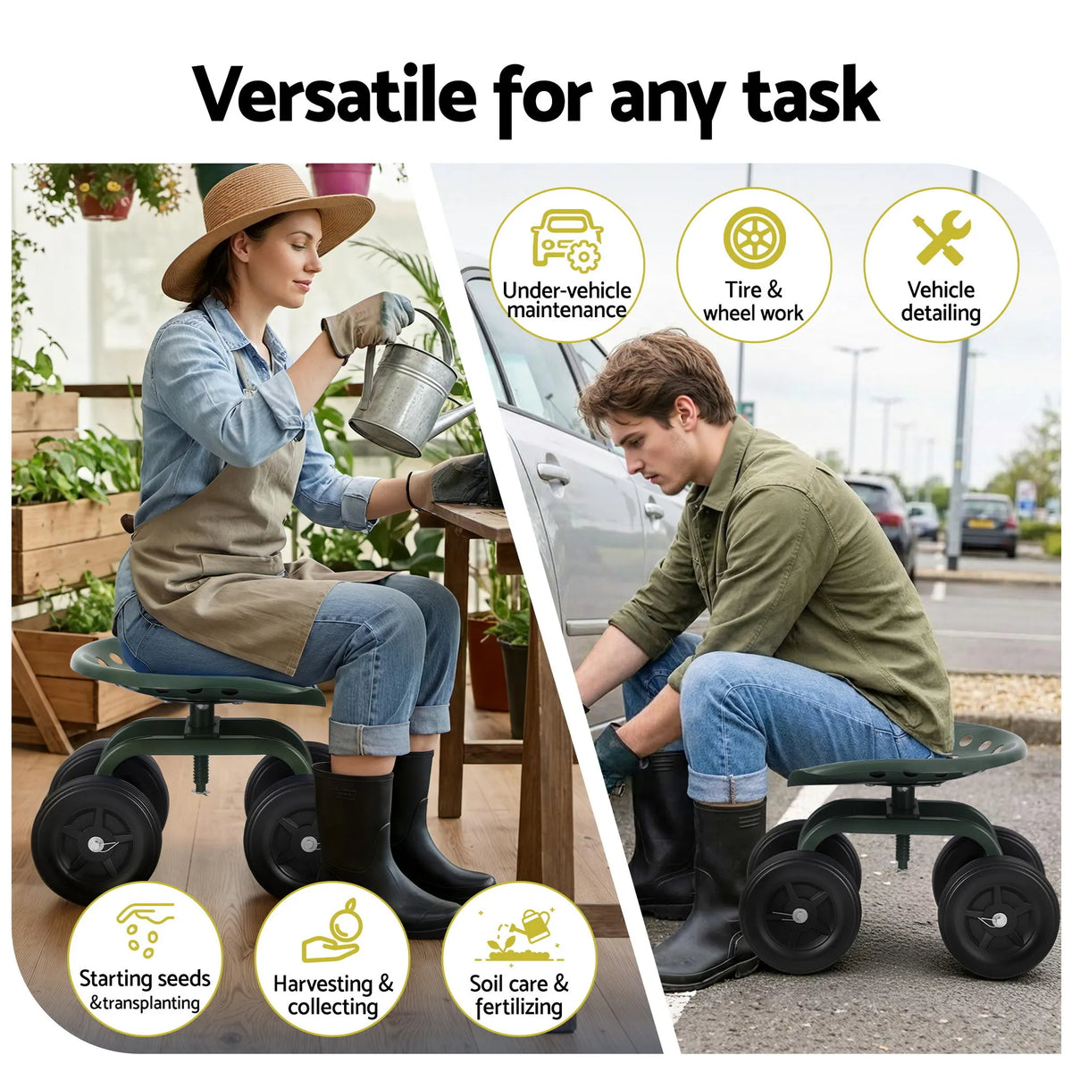 Gardeon Garden Seat 360 Swivel Rolling Adjustable Height Work Scooter Cart Wheels Heavy Duty 150kg - Image 2