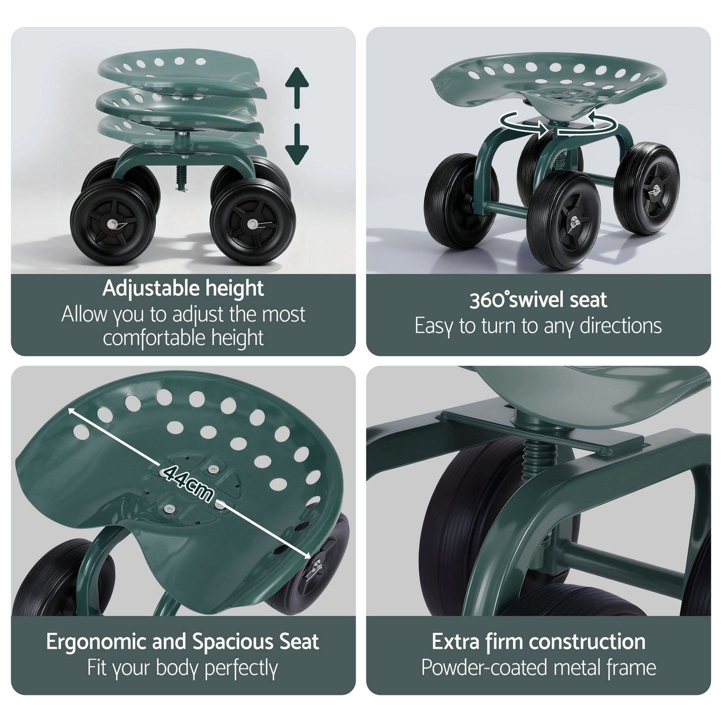 Gardeon Garden Seat 360 Swivel Rolling Adjustable Height Work Scooter Cart Wheels Heavy Duty 150kg - Image 5