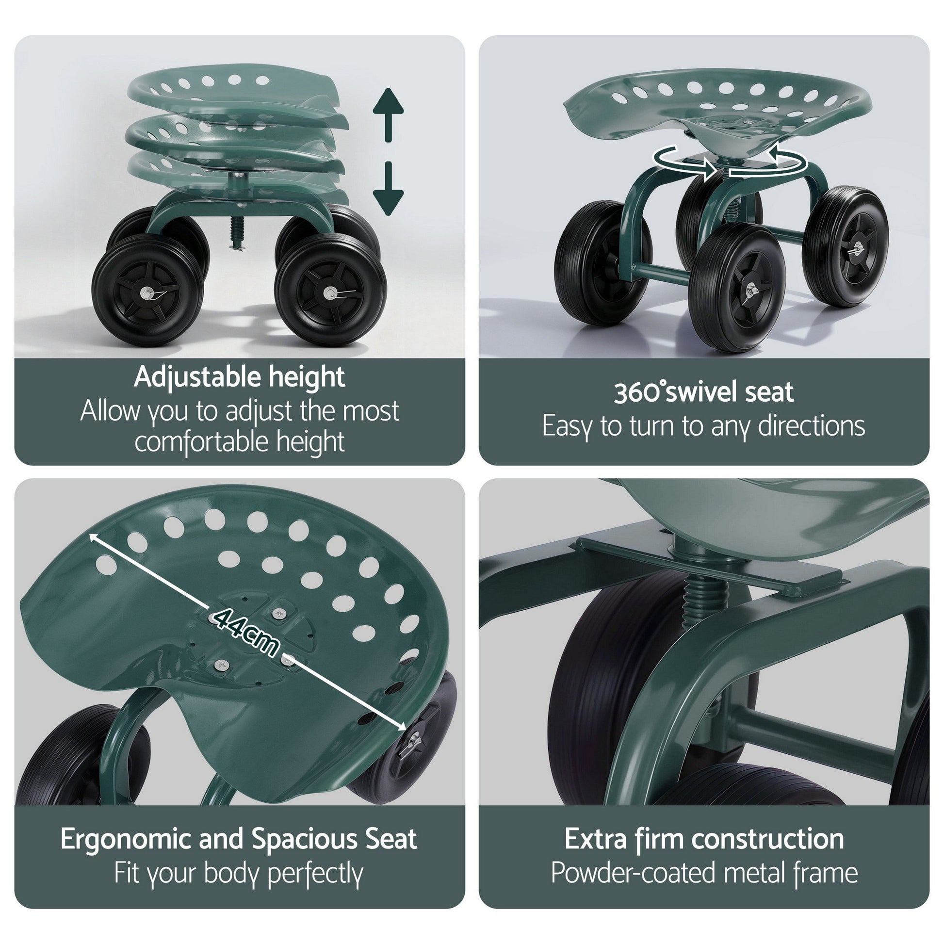 Gardeon Garden Seat 360 Swivel Rolling Adjustable Height Work Scooter Cart Wheels Heavy Duty 150kg - Image 5