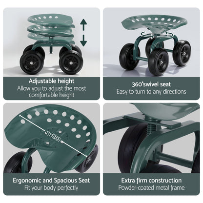 Gardeon Garden Seat 360 Swivel Rolling Adjustable Height Work Scooter Cart Wheels Heavy Duty 150kg - Image 5