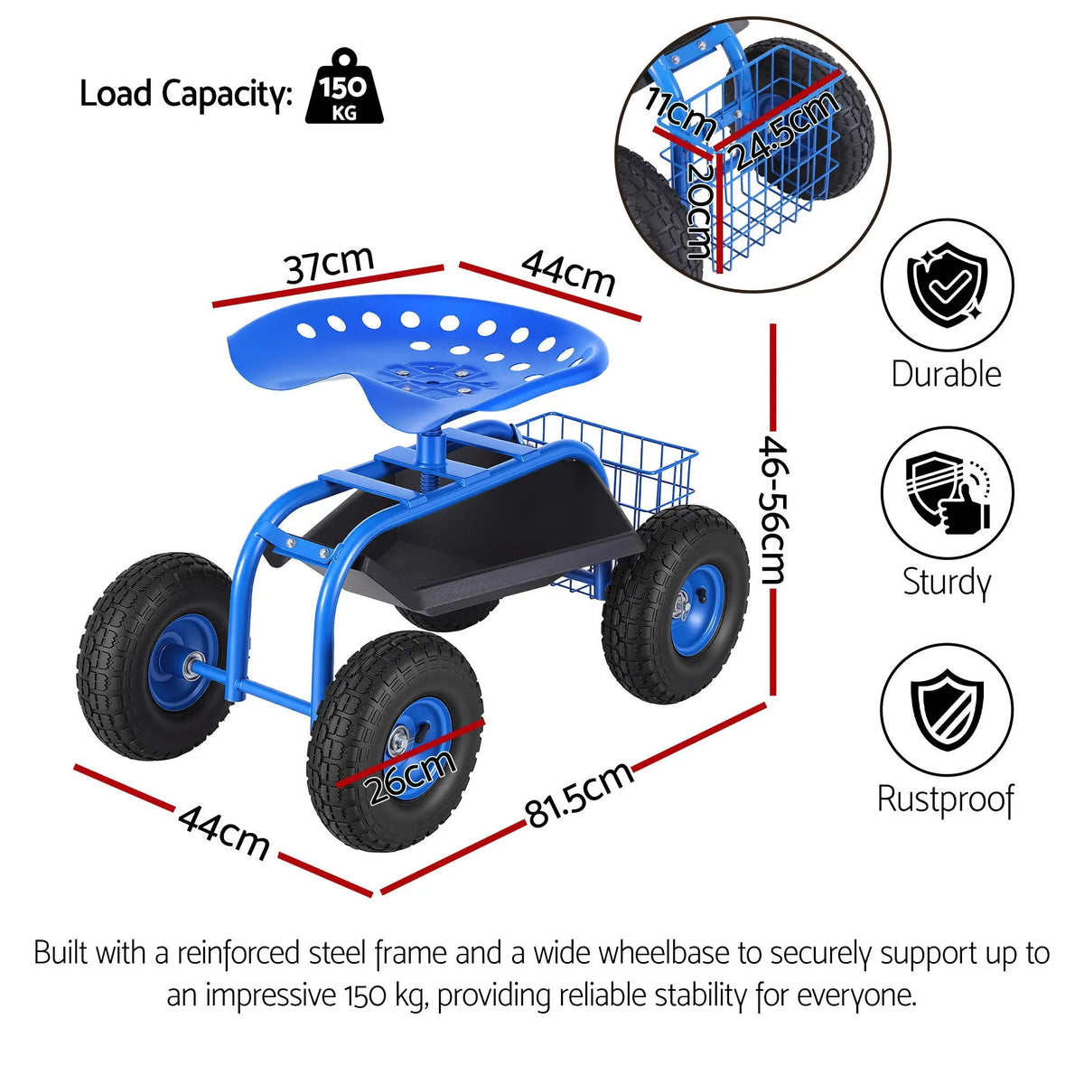 Gardeon Garden Seat with Wheels 360 Swivel Adjustable Height Rolling Stool 150kg - Image 2