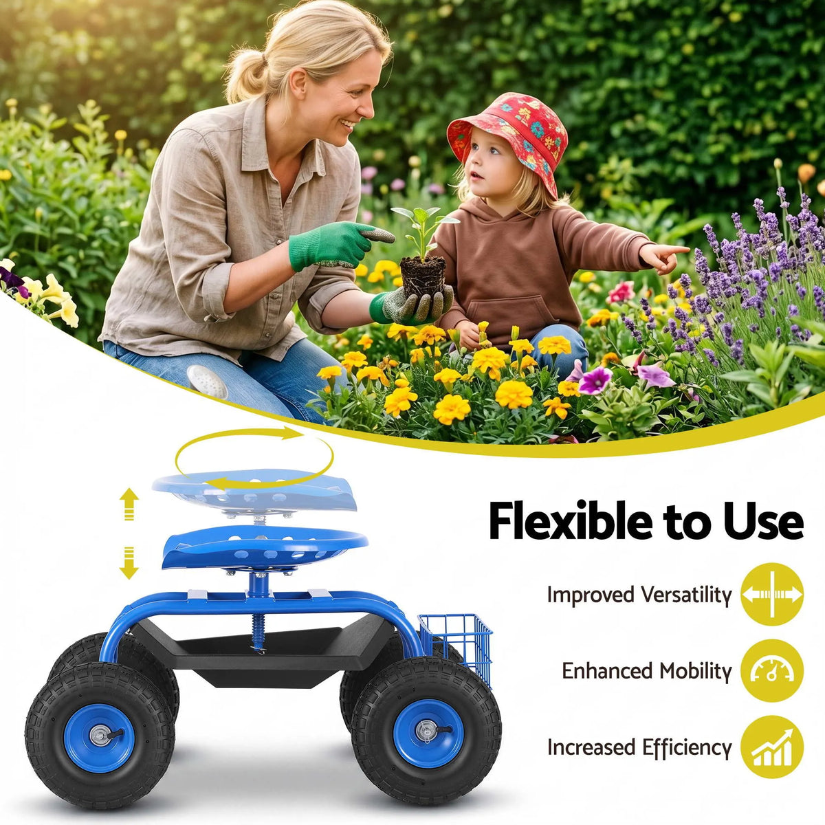 Gardeon Garden Seat with Wheels 360 Swivel Adjustable Height Rolling Stool 150kg - Image 4