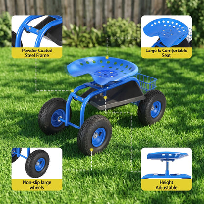 Gardeon Garden Seat with Wheels 360 Swivel Adjustable Height Rolling Stool 150kg - Image 7