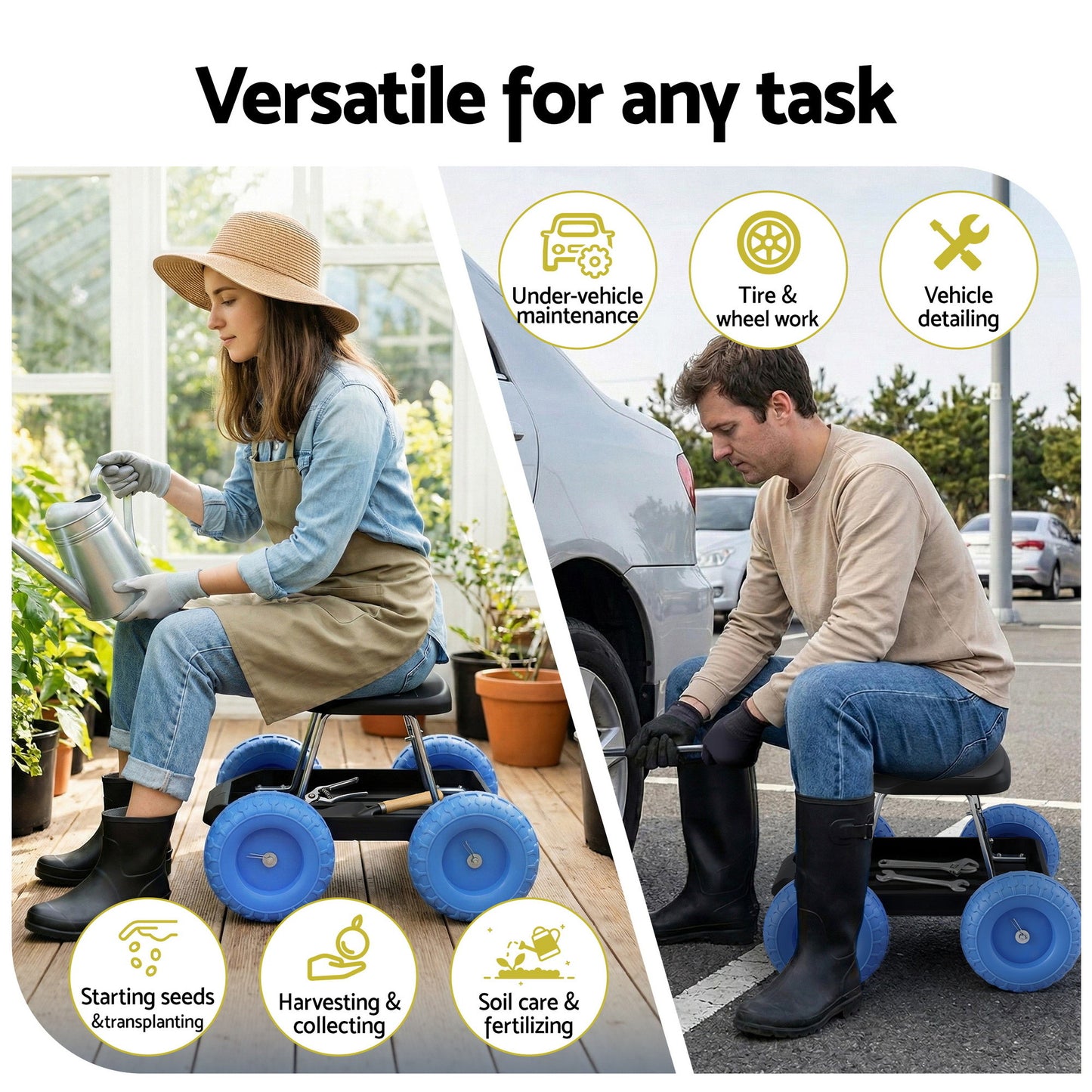 Gardeon Garden Cart Seat with Wheels, Rolling Work Stool with Tool Storage Tray, 440lbs (200kg) Heavy Duty Capacity Garden Stool for Outdoor Yard Work, Car Detailing, and Garage Maintenance, Blue/Black - Image 2
