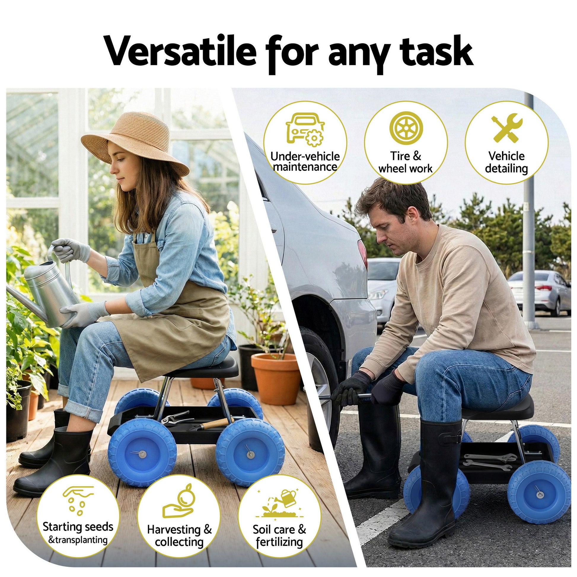 Gardeon Garden Cart Seat with Wheels, Rolling Work Stool with Tool Storage Tray, 440lbs (200kg) Heavy Duty Capacity Garden Stool for Outdoor Yard Work, Car Detailing, and Garage Maintenance, Blue/Black - Image 2