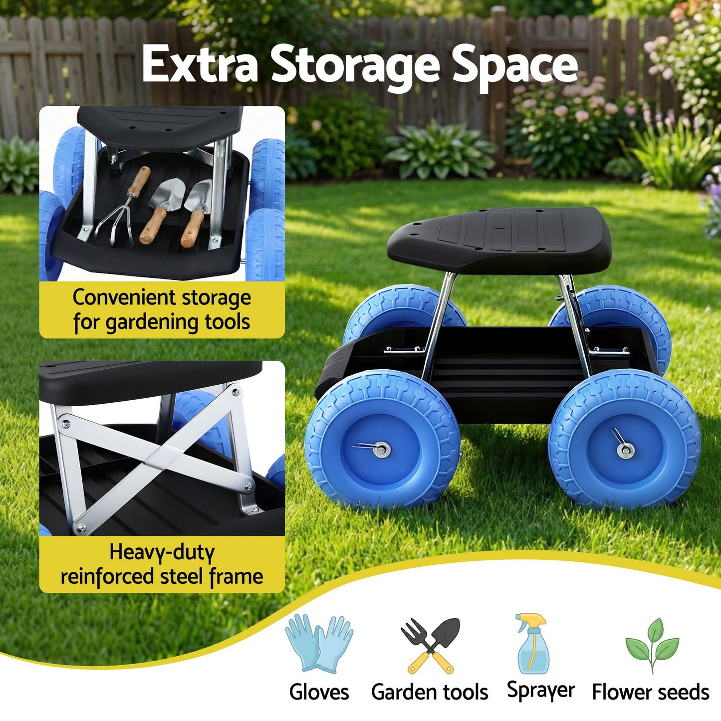 Gardeon Garden Cart Seat with Wheels, Rolling Work Stool with Tool Storage Tray, 440lbs (200kg) Heavy Duty Capacity Garden Stool for Outdoor Yard Work, Car Detailing, and Garage Maintenance, Blue/Black - Image 3