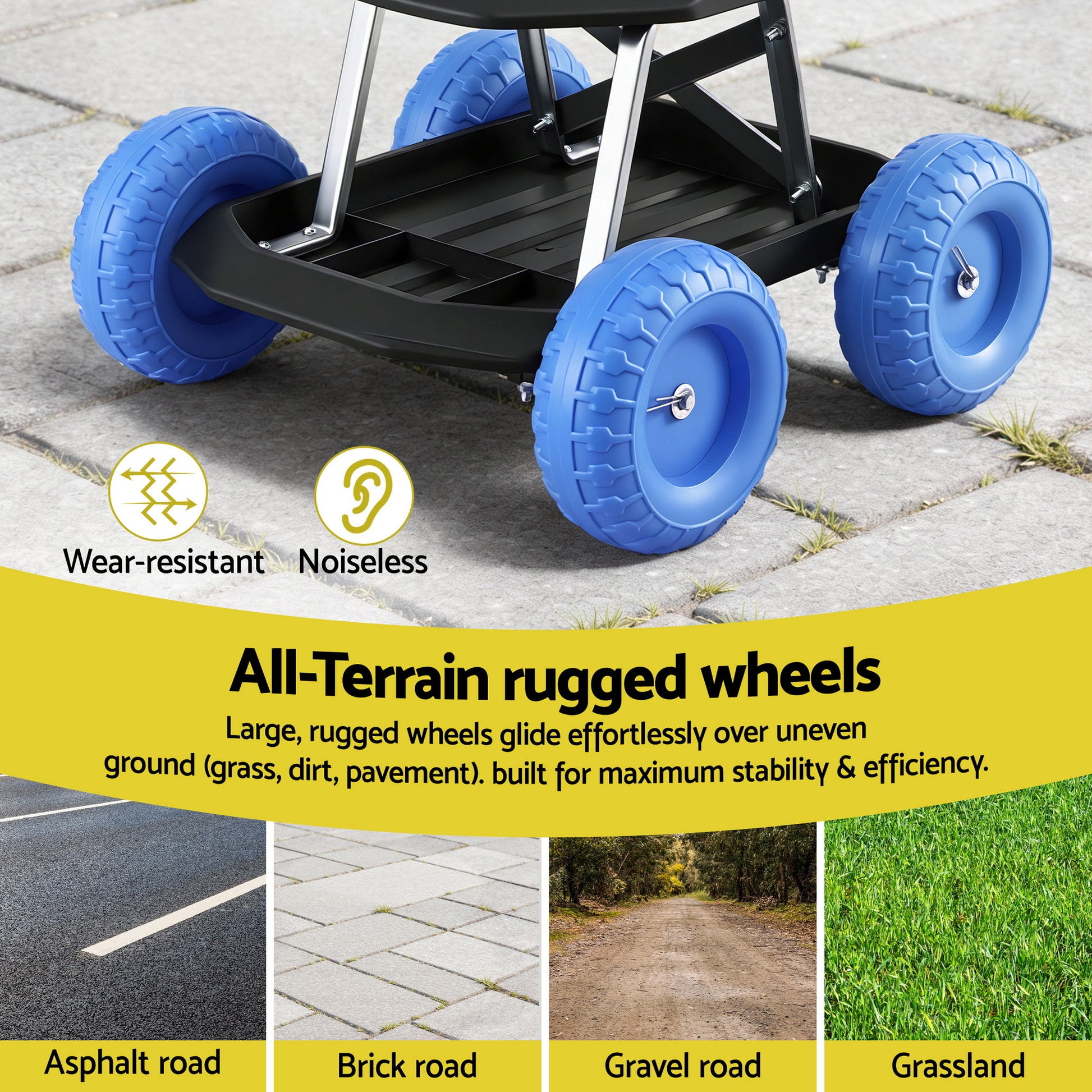 Gardeon Garden Cart Seat with Wheels, Rolling Work Stool with Tool Storage Tray, 440lbs (200kg) Heavy Duty Capacity Garden Stool for Outdoor Yard Work, Car Detailing, and Garage Maintenance, Blue/Black - Image 5