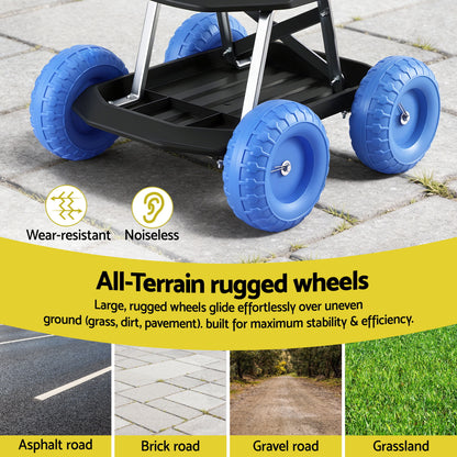 Gardeon Garden Cart Seat with Wheels, Rolling Work Stool with Tool Storage Tray, 440lbs (200kg) Heavy Duty Capacity Garden Stool for Outdoor Yard Work, Car Detailing, and Garage Maintenance, Blue/Black - Image 5