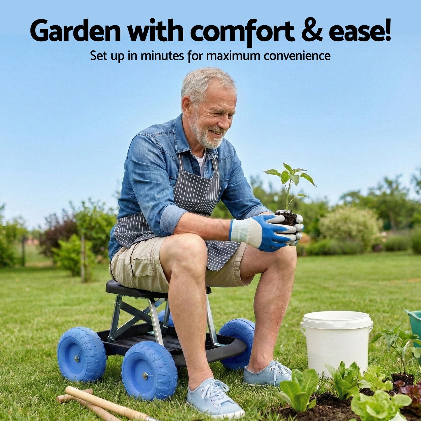 Gardeon Garden Cart Seat with Wheels, Rolling Work Stool with Tool Storage Tray, 440lbs (200kg) Heavy Duty Capacity Garden Stool for Outdoor Yard Work, Car Detailing, and Garage Maintenance, Blue/Black - Image 6